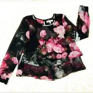 Ellen Tracy Semi Sheer Black Floral Ruffled Blouse